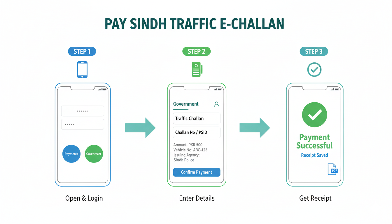 Illustration showing three steps to pay Sindh traffic e-challan using Easypaisa app — log in, enter challan number or PSID, confirm payment and save receipt. “ایزی پیسہ ایپ کے ذریعے سندھ ٹریفک ای چالان ادا کرنے کے تین مراحل — لاگ ان کریں، چالان نمبر یا PSID درج کریں، ادائیگی کریں اور رسید محفوظ کریں۔”