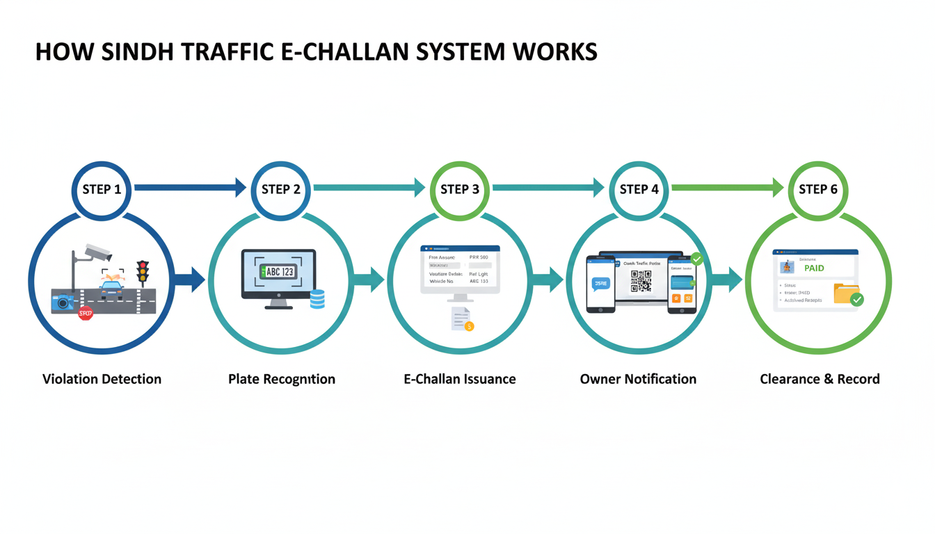 Infographic showing how the Sindh e-challan system works — from violation detection by traffic cameras to plate recognition, challan creation, SMS notification, online payment, and record clearance.
“سندھ ای چالان سسٹم کا عمل — خلاف ورزی کی شناخت سے لے کر نمبر پلیٹ کی تصدیق، چالان کا اجراء، SMS اطلاع، آن لائن ادائیگی، اور ریکارڈ اپ ڈیٹ تک۔”