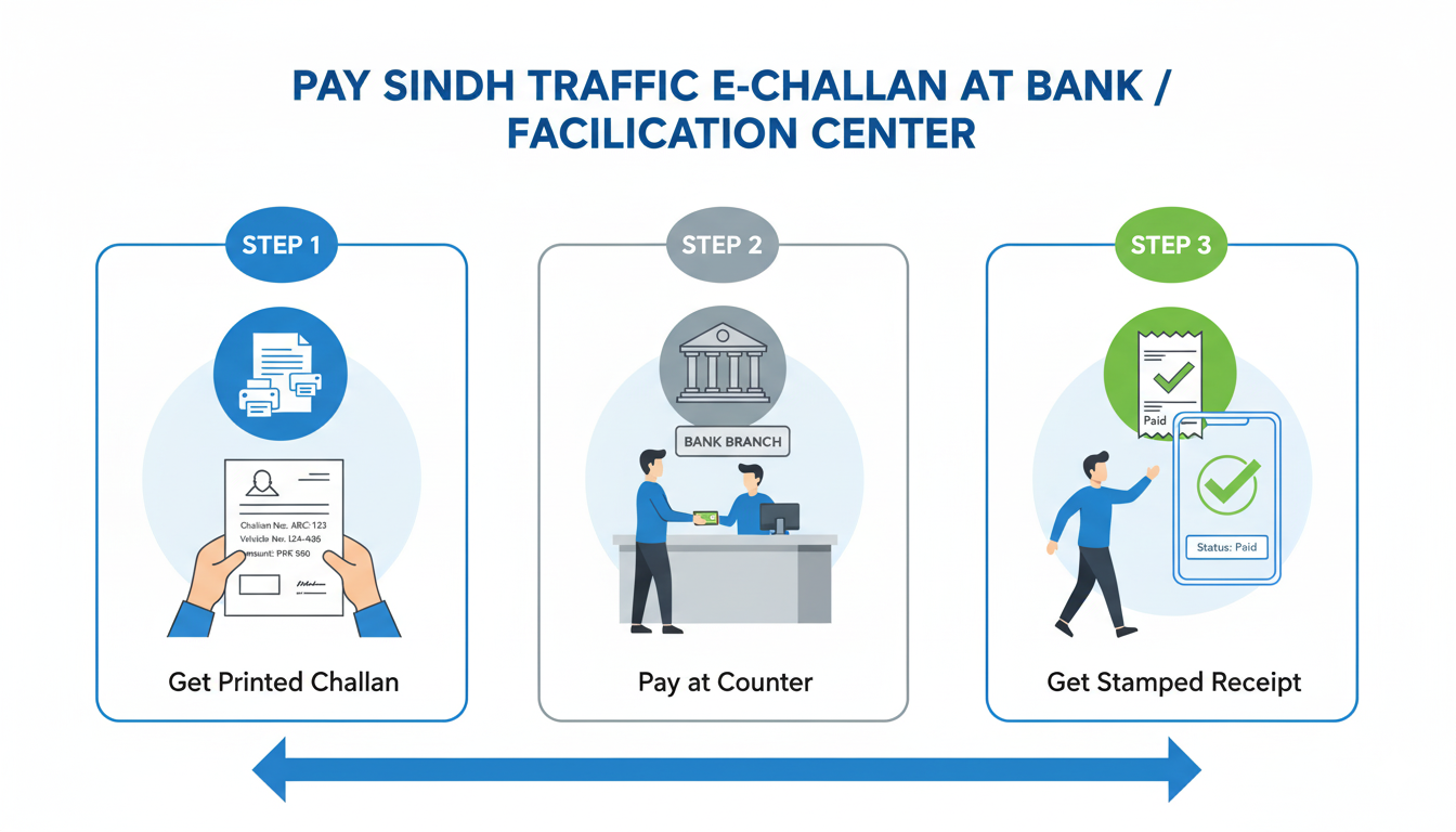 “Infographic showing three steps to pay Sindh traffic e-challan at a bank branch — print challan, pay at counter, collect stamped receipt and verify status.” 
“سندھ ای چالان بینک برانچ میں ادا کرنے کے تین مراحل — چالان پرنٹ کریں، کاؤنٹر پر ادائیگی کریں، مہر شدہ رسید حاصل کریں اور اسٹیٹس چیک کریں۔”